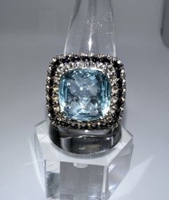 Big Cushion Sky Blue Topaz, White Topaz, Sapphire Halo Ring Sterling Silver