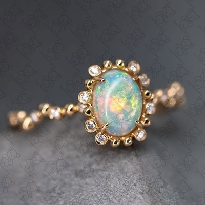 Bubble Tea Design Australian Solid Opal Diamond Engagement Wedding Ring 18K Gold