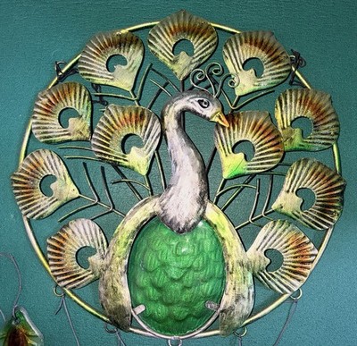 Vtg 10'' Turquoise GreenPeacock Feathers Wind Chime Yard Decor (Metal, Glass)