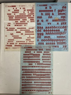 Letraset RED Helvetica 48/72pt  & Futura Bold 36pt - 3 Dry Rub Transfer Sheets