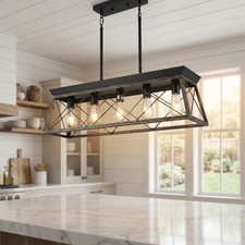 32'' Pendant 5 Light Rustic Farmhouse Chandelier Living Room Fixture Black Gold
