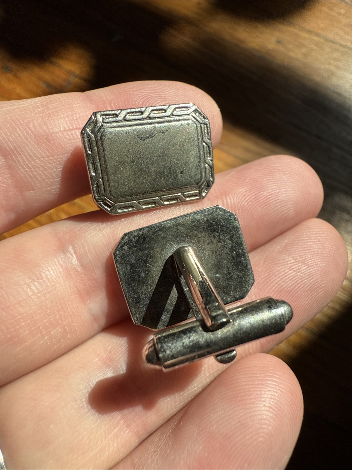 Vintage Rectangular Chain Border Silver Cufflinks… - image 1