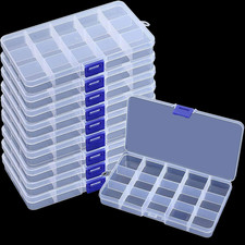 10 Pack 15 Grid Plastic Bead Organizer Boxes with Adjustable Dividers, Clear Cra