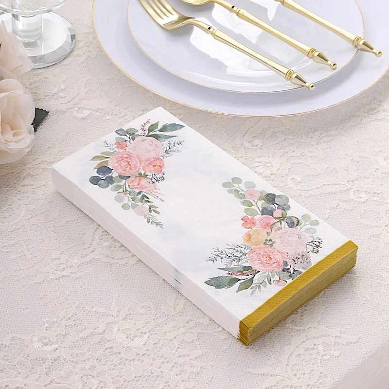 20 WHITE PINK Peony Flower 2 Ply Paper Disposable Dinner NAPKINS Gold Edge Party - Image 3 of 4