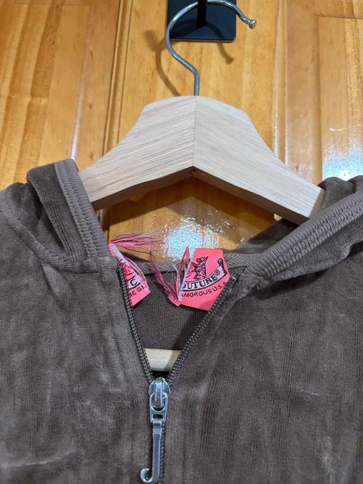 Juicy Couture бархата молнии толстовка с капюшоном коричневый Y2K сделано в США размер P винтажный - Изображение 2 из 4