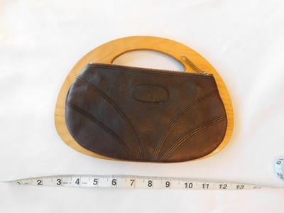 Unbranded Vintage Clutch Bag Brown Leather Wooden Base/Handle Purse Pre-owned