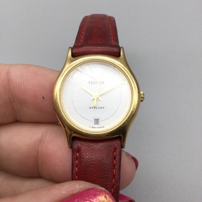 Vtg Tissot Stylist Watch Womens 24mm Gold Tone Date Red Leather