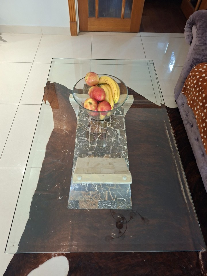 coffee table, heavy bevelled glass top, marble stand, good condition ...