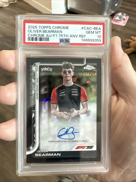 2025 TOPPS CHROME OLIVER BEARMAN /75 CHROME AUTO F1 75TH ANNIVERSARY POP1 PSA 10