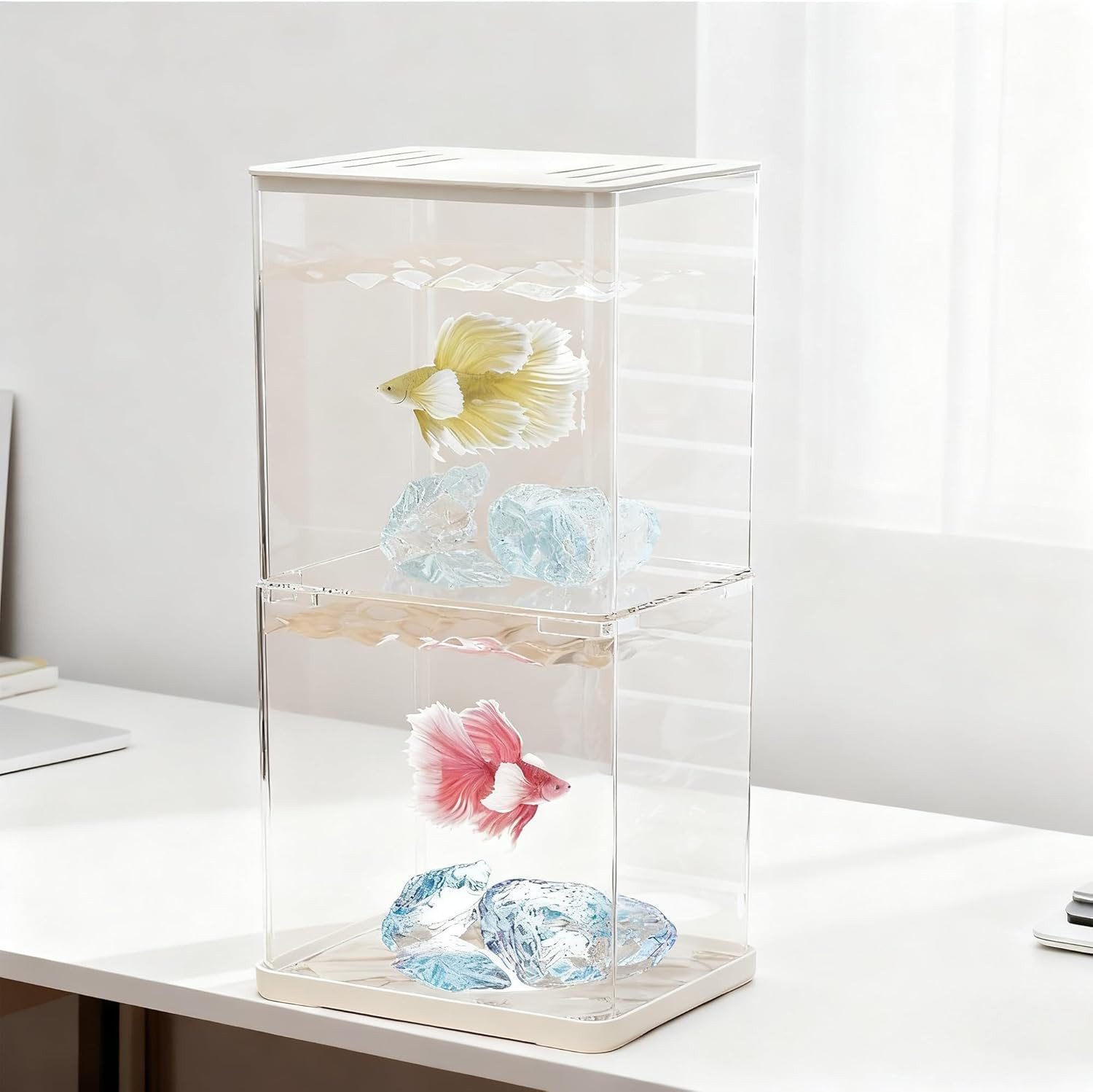 2-Pack 0.3 Gallon Mini Aquarium, Adjustable Base Light & Gravels & Resin Crystal