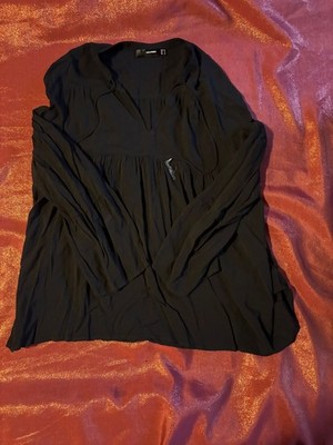 Hallhuber Blouse Womens L Black Long Sleeve Tiered Tunic V-Neck Drawstring