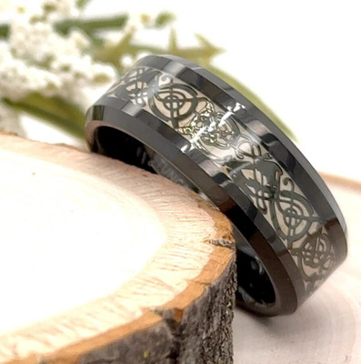 8mm Men Christmas Gift Band White Rotatable Dragon Pattern Ring Black Tungsten