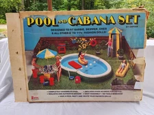VINTAGE POOL & CABANA SET BY EMPIRE TOYS 1976 BARBIE, incomplete, w box MCM Doll