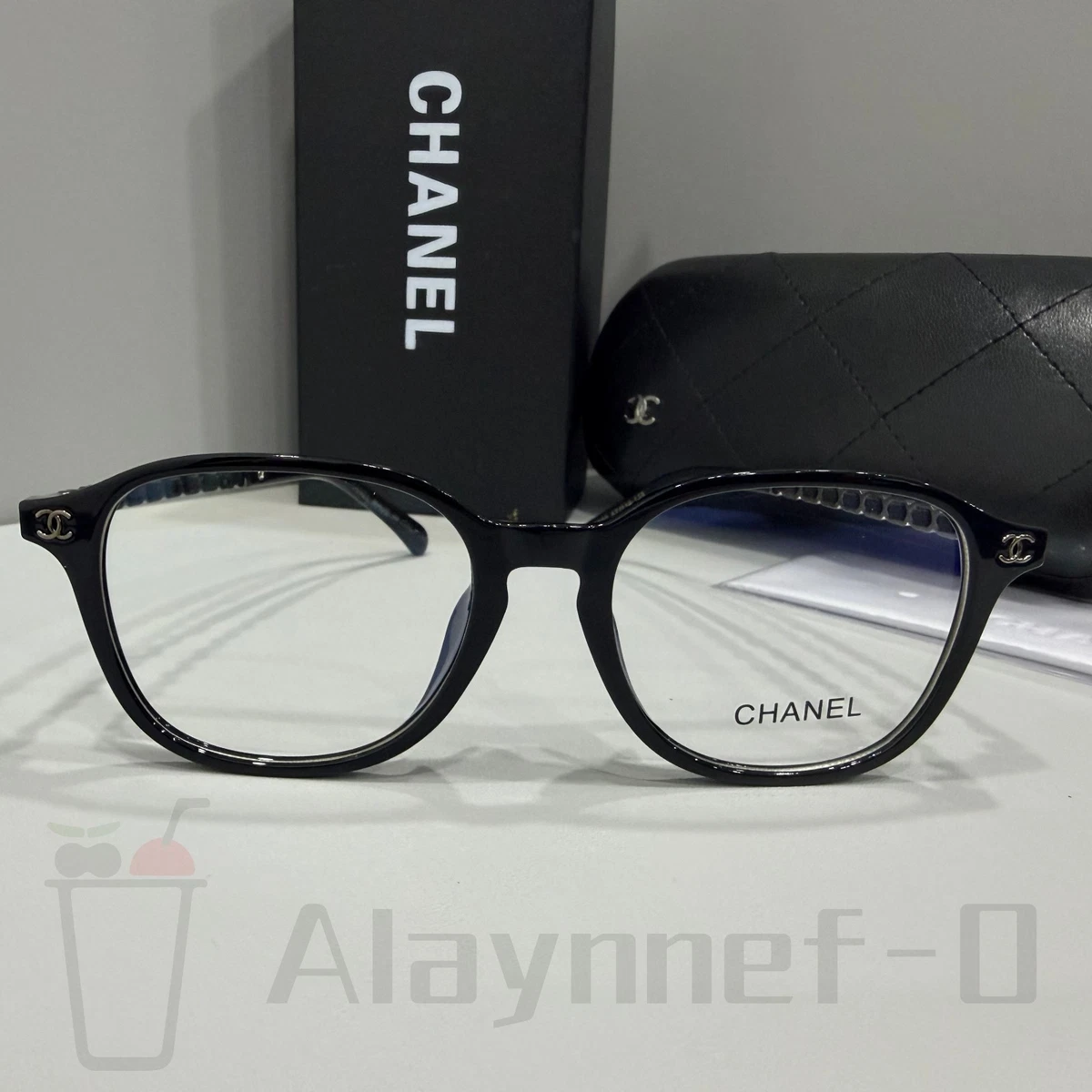 CHANEL Chanel Black Frame White PearL Logo Accent/ N without Case CHANEL Black Clear Sunglasses for Women for sale | eBay main image 2