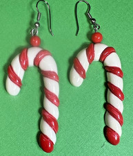 Vintage Candy Cane Hook Earrings Silver Tone Christmas Red White Jewelry Pair