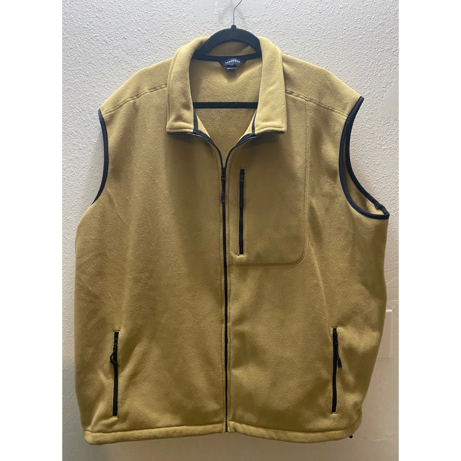 Lands End Mens Big 3XL Fleece Vest Full Zip Pockets Outdoor Casual Khaki
