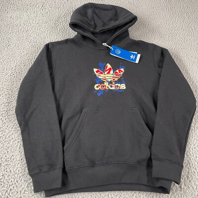 Adidas Hoodie Youth Medium Black Sweatshirt Drawstring Pocket Camo Trefoil NWT
