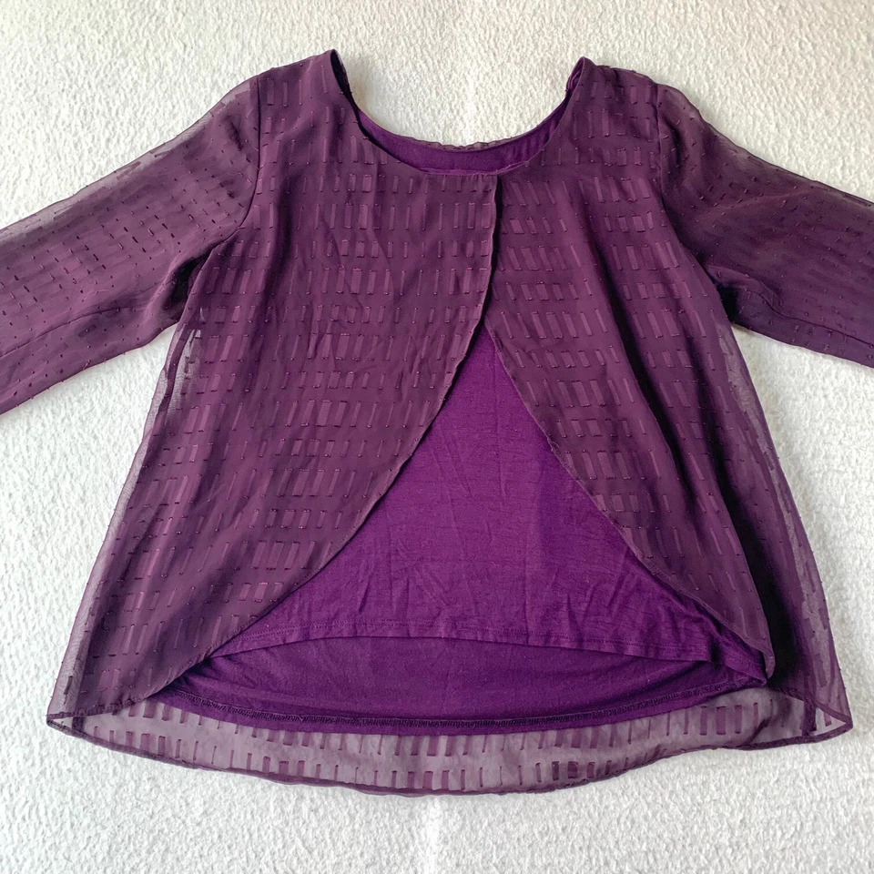 Camisa Blusa Top Forrada Ligera AB Studio Para Mujer XL Púrpura Sólida Manga Larga Foto 3 de 4