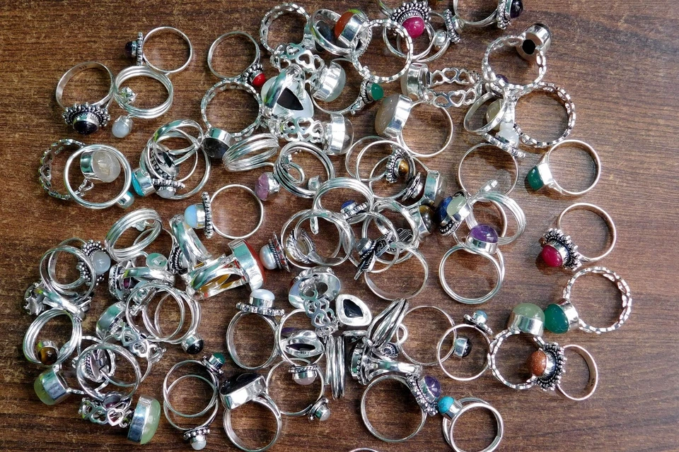 VENDA A GRANEL!! Lote atacado de anel de pedra preciosa mista 925 anel folheado a prata esterlina - Imagem 2 de 4