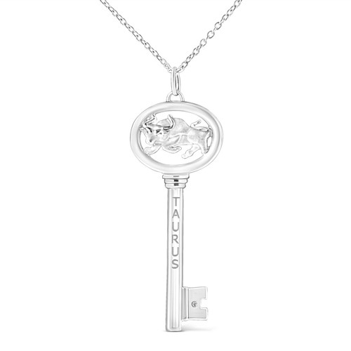 925 Sterling Silver Diamond Accent Taurus Zodiac Key 18" Pendant Necklace
