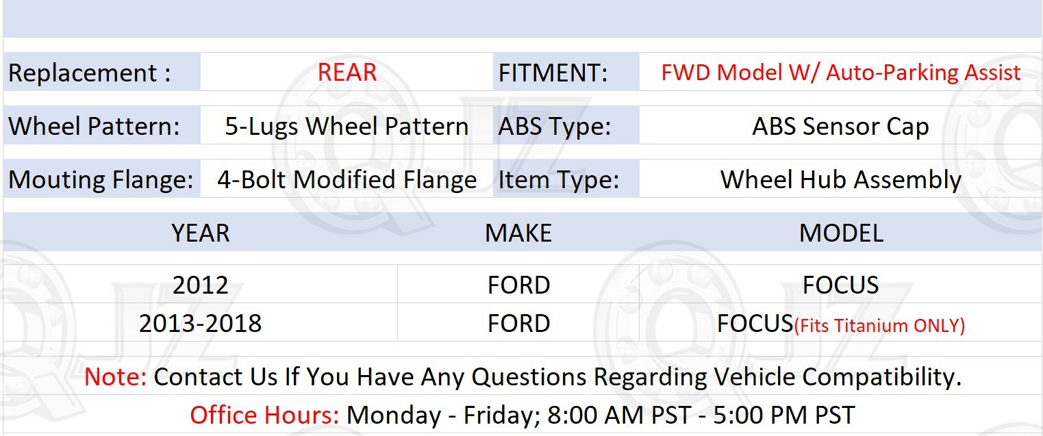 [REAR(Qty.2)] New Wheel Hub For 2013-2018 Ford Focus Titanium FWD w/ Auto-Park