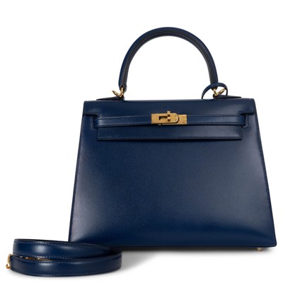 71378 auth HERMES Saphir blue Box leather KELLY 25 SELLIER Bag Ghw
