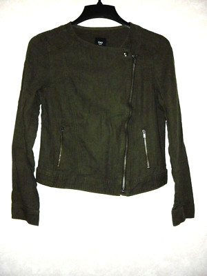 Gap Moto Jacket Women's Small Olive Green Linen Blend Zipper Front 