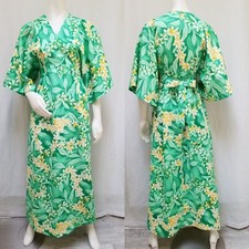 Vintage HILO HATTIE Green Floral Hawaiian Kaftan Maxi DRESS - Size S/M - EUC