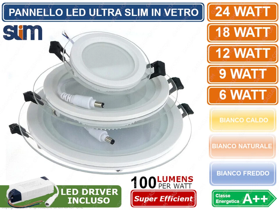 FARETTO PANNELLO LED INCASSO ROTONDO 6W 9W 12W 18W 24W CORNICE IN VETRO OPCACO