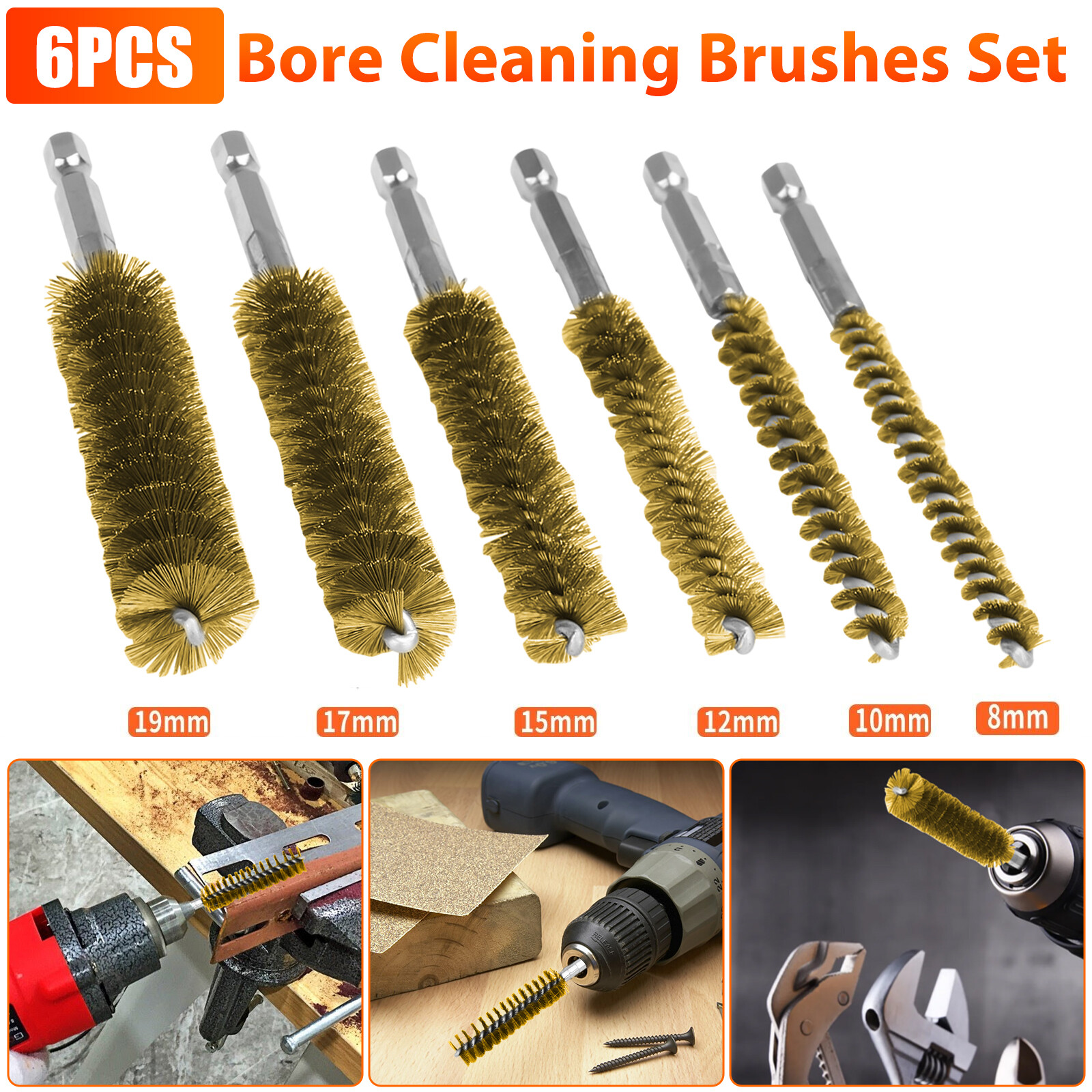 6x 1/4in Hex Shank Brass Bore Cleaning Brushes 819mm Wire Brush for