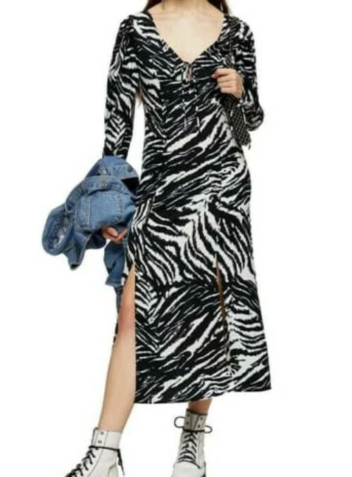 TopShop Zebra Ruched Long sleeve midi dress Medium