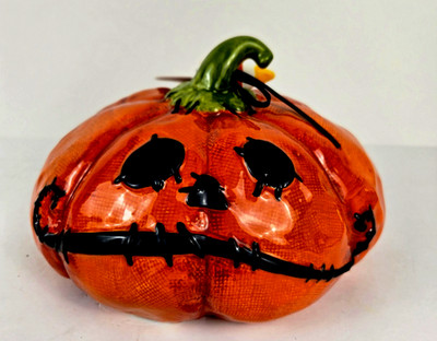 NWT Blue Sky Stitched Pumpkin Ceramic Halloween Figurine 5.5x8 /PRICE REDUCED