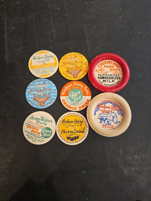 Vintage Milk Caps Lot of 8 New Waxed Paper Bottle Lid Hietpas & Creamland Dairy 