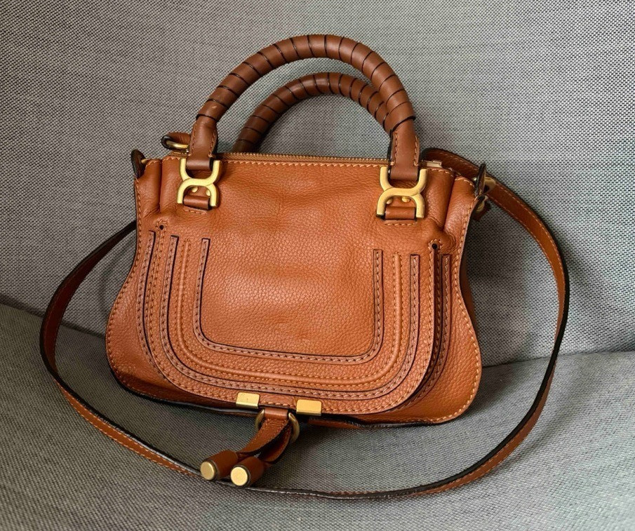 Chloe Marcie Mini Leather 2Way Handbag Crossbody Bag Tan Brown Pre-Owned