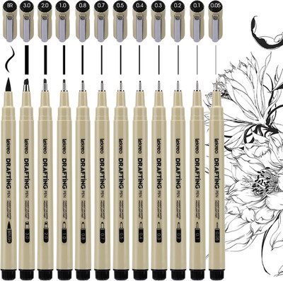 12-Piece Fineliner Pen, Assorted Point Sizes 0.05 to 3Mm & Brush Pens, for Art, 