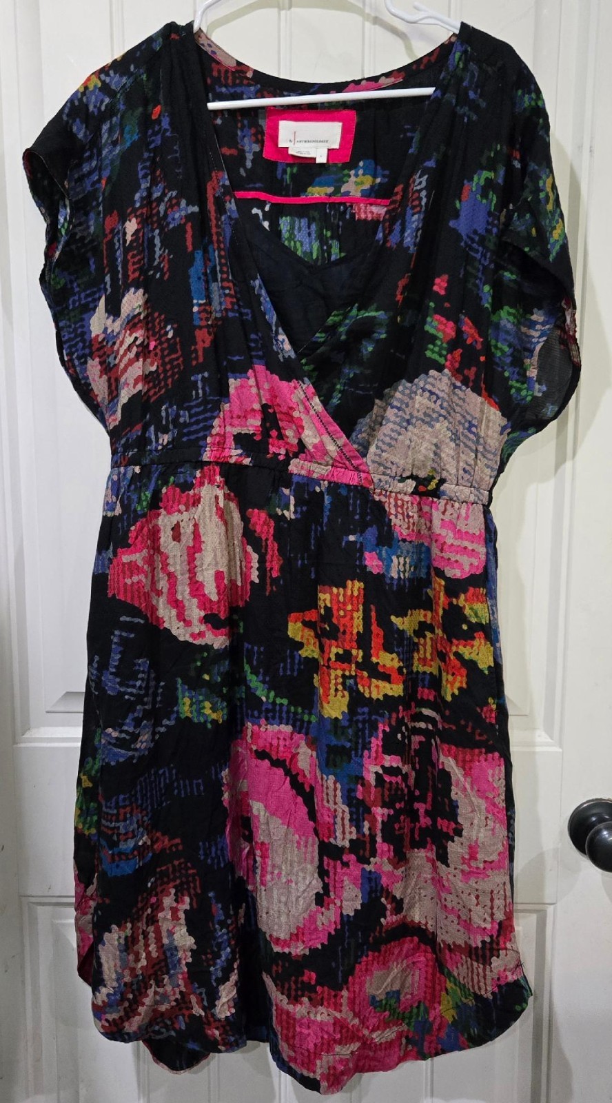 Anthropologie Dress Womens Astrid Pixel Needle Point Floral Print V-Neck Size L