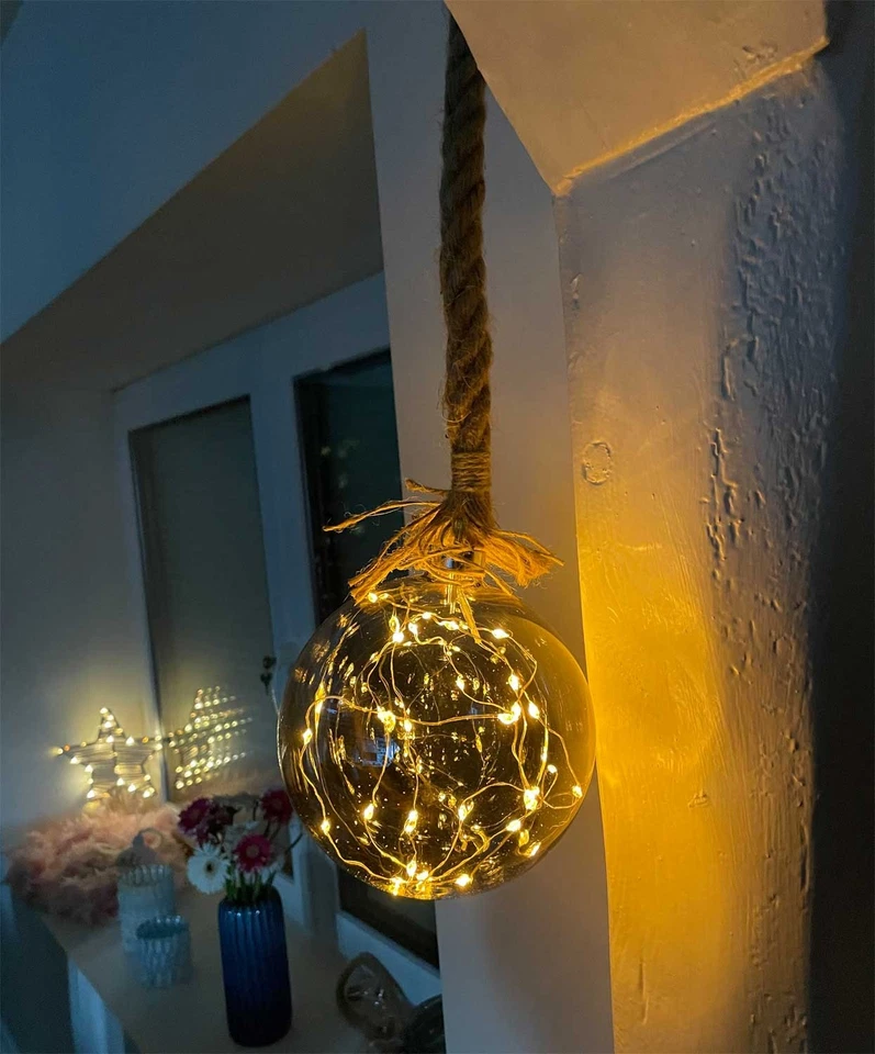 XL 30 LED Glas Deko Licht-Kugel Hanf-Tau 14cm Timer WarmWeiß Batterie 80cm Seil - Bild 4 von 4