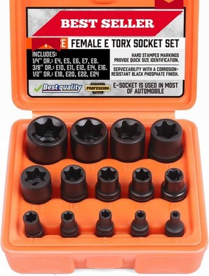 Juego de 14 dados de estrella E-Torx hembra con raíl, entrada de 1/4'', 3/8'' y 1/