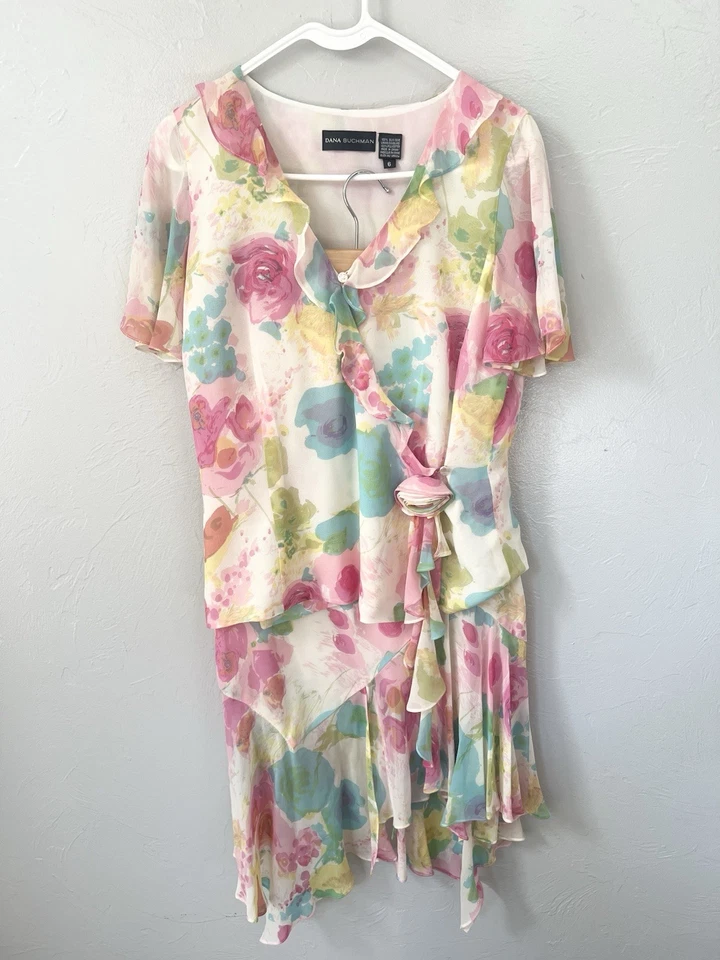 DANA BUCHMAN FLORAL SEDA 2 PIEZAS CONJUNTO Falda Envolvente Camisa Hada 6 8 Nuevo Y2K De Colección Foto 4 de 4