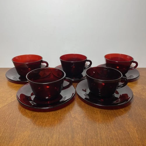 Vintage Anchor Hocking Royal Ruby Red Tea Cups(5) and Saucers(5)/Set of 10