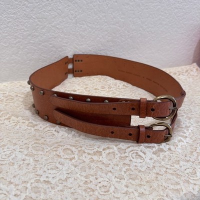 Brown Studded Double Buckle Wide Waist Belt Bonded Leather M Boho Western