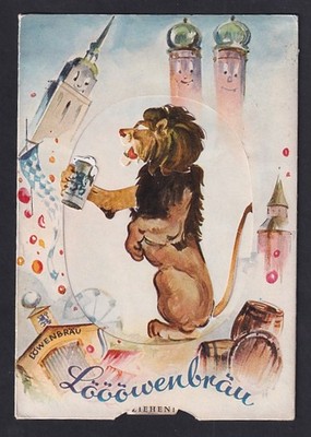 Mechanical Postcard Munich, Löwenbräu Cellar, Löwe drinks from a Beer Mug 1958 