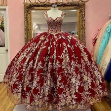 Gold Lace Burgundy Quinceanera Dresses Applique Beading Mexico Corset Sweet 16 