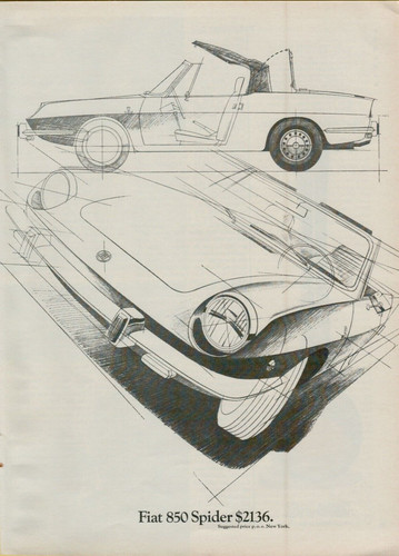 1969 Fiat 850 Spider Draft Drawings Convertible Car Import Original Print Ad