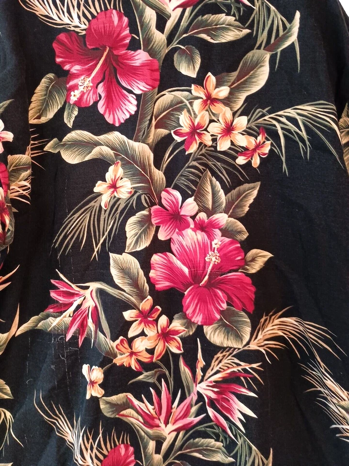 VINTAGE MEN'S LITTLE MOON BLACK FLORAL BARKCLOTH COTTON HAWAIIAN SHIRT SIZE L - Image 3 of 4