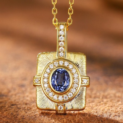Stigmata Lab Grown Sapphire Pendant, 925 Silver Brushed Vintage Necklace