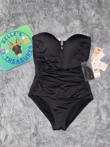 Tommy Bahama Traje de Baño Talla 4 Perla V Alambre Bandeau Una Pieza Negro Adelgazante 130$