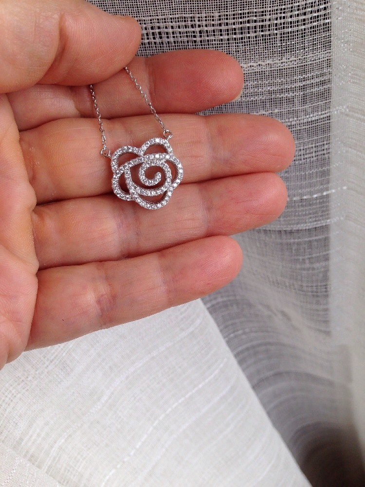 Collier FLEUR ROSE En Argent 925 - Serti De Pierres Blanches, Neuf Avec étiquettes - Bijou Délicat