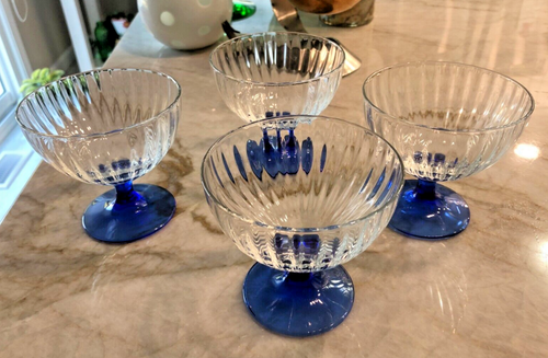 4 Italian Glass Cobalt Blue Stem/Clear Rib Bowl Sherbet/Champagne Glasses