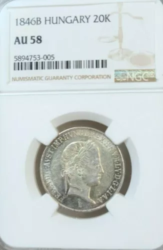1846 HUNGARY SILVER 20 KRAJCZAR 20K FERDINAND V NGC AU 58 BEAUTIFUL 20 KREUZER